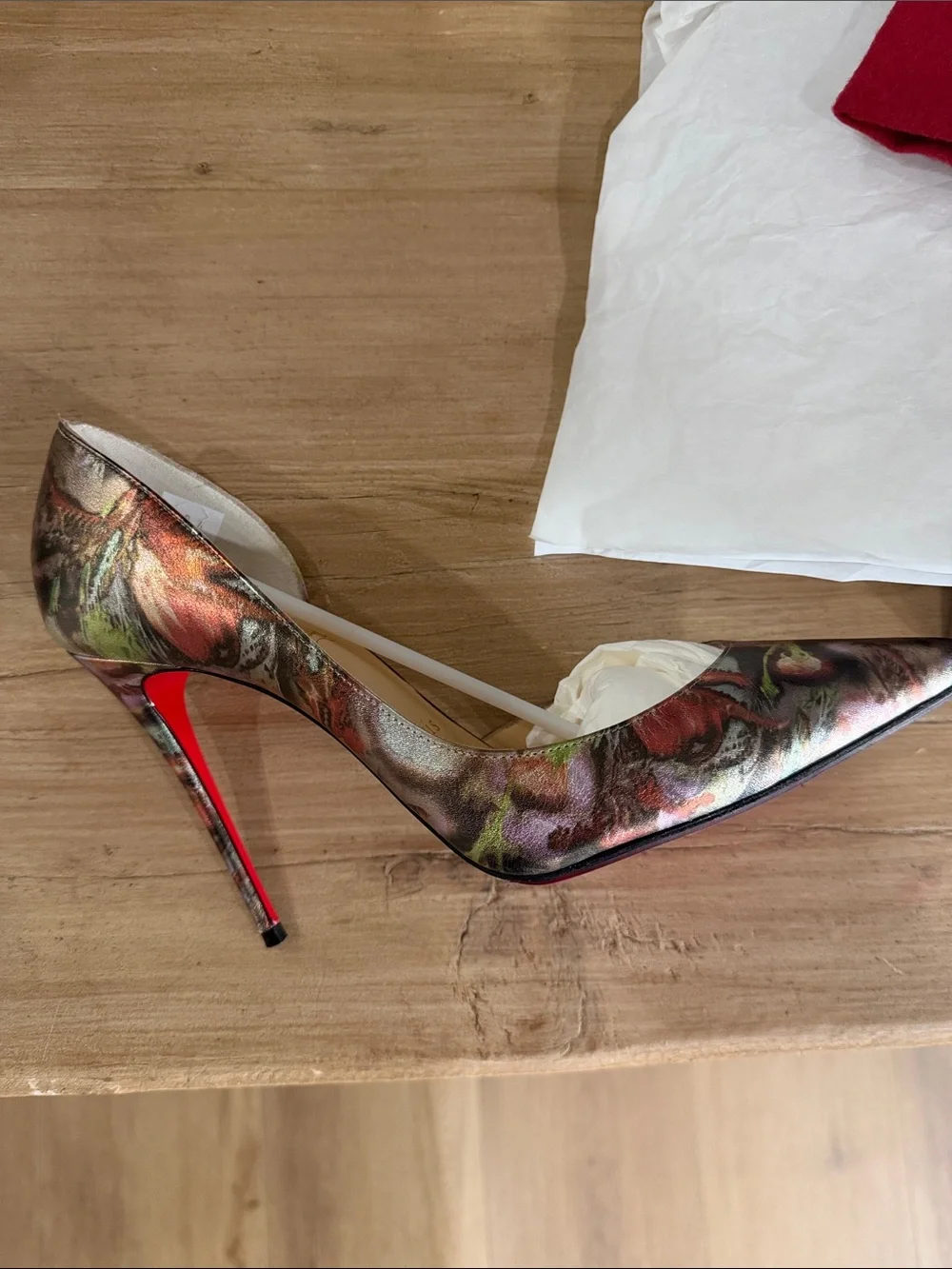 Christian Louboutin Metallic Floral Pointed-Toe Pumps - Red, Gold, Green